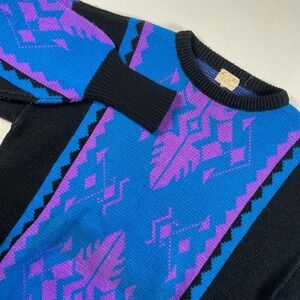 Vintage Cox Sweater Crew Neck Geometric Pattern Blue Purple Knit‎ Medium 80s 90s